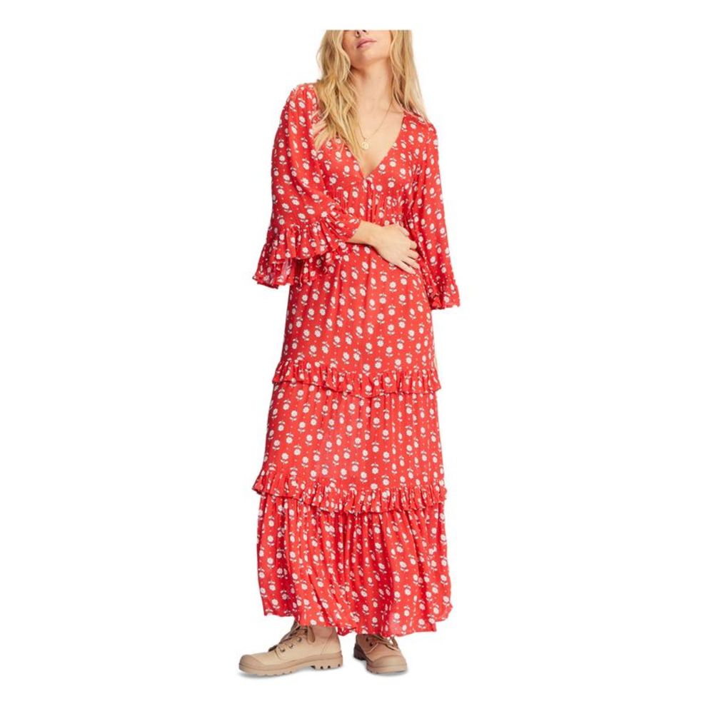 BILLABONG Womens Red Pullover 3/4 Sleeve Maxi Empire Waist Dress Juniors S\P
